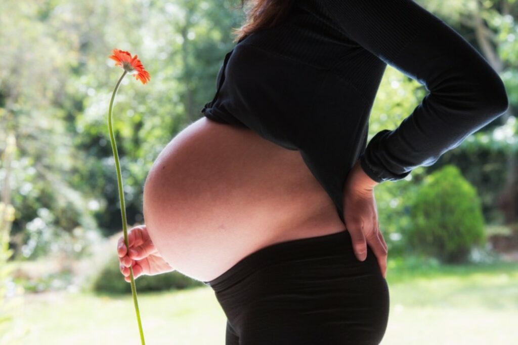 Femme enceinte tenant une fleur, symbolisant la douceur et l'équilibre d'une alimentation grossesse sereine.